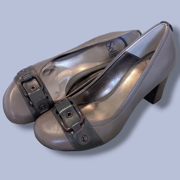 Sofft Taupe Leather Round Toe Buckle Heels Size 8.5 Office Workwear Preppy - Picture 1 of 13